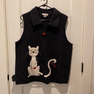 VTG‎ TANJAY Size M 100% Wool Felted Zip Up Vest Cat Hearts Embroidered Rh…